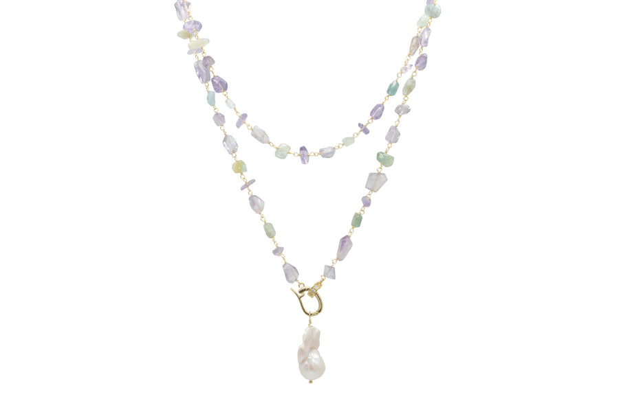 Collar engarzado amatista y aquamarina con perla barroca