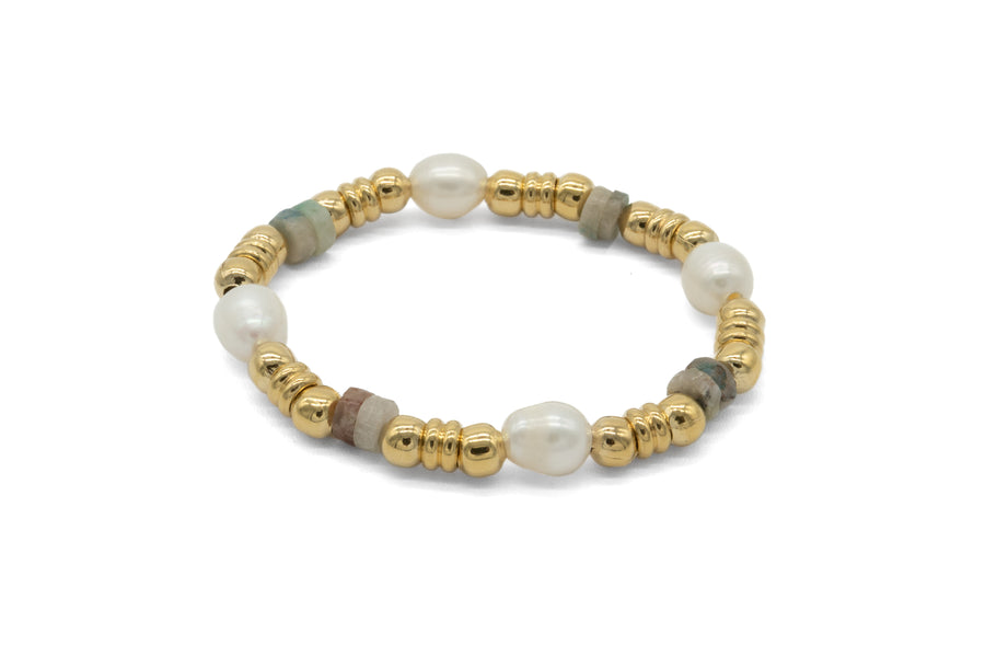 PULSERA ELASTICA DONAS DORADAS, PUCAS VERDES Y PERLA  12 MM