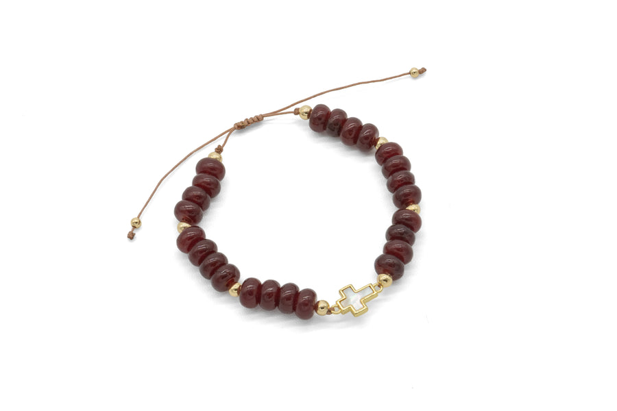 Pulsera cruz madre perla y granate