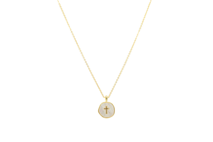 Collar cruz madre perla circulo