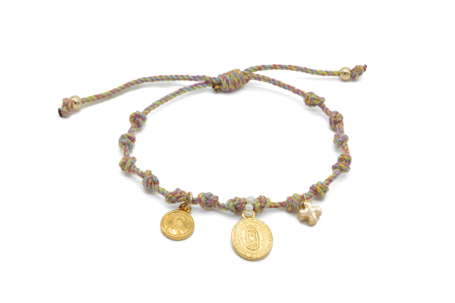 Pulsera beige ajustable cordón con charms religioss