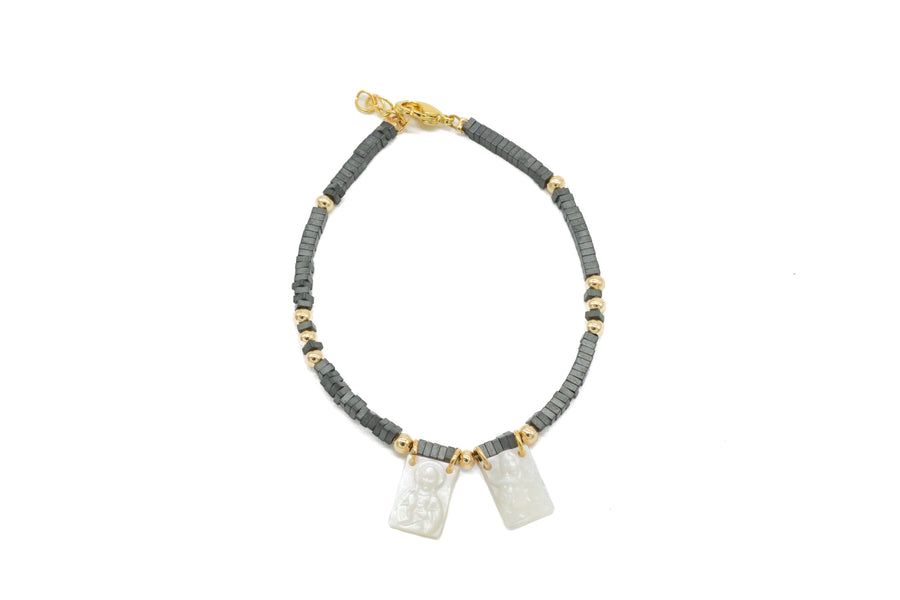 Pulsera de Escapulario madre perla y hematita