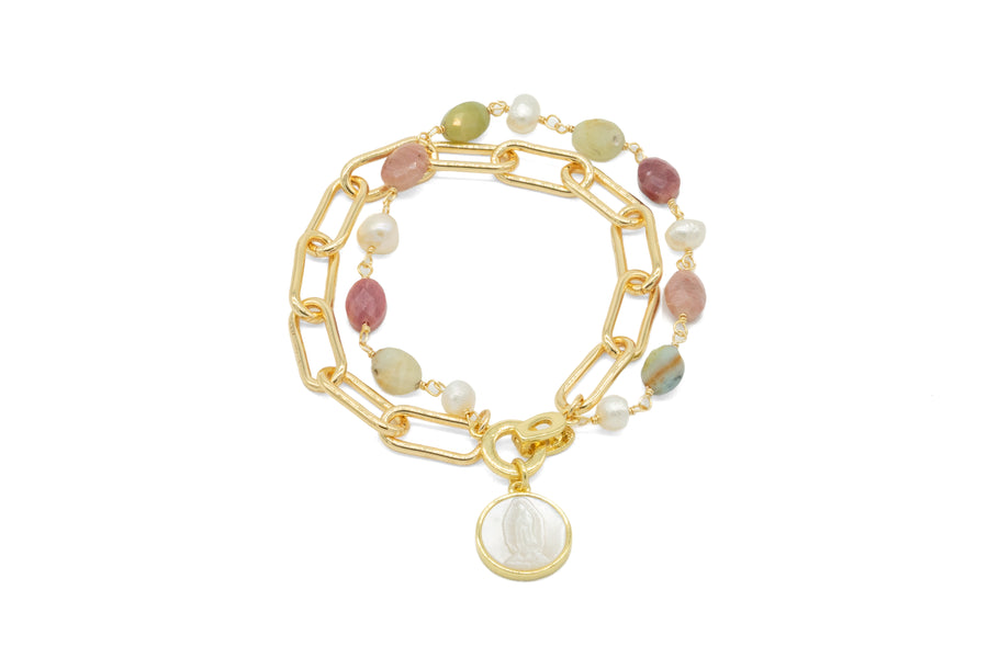 Pulsera doble de la Virgen de Guadalupe en madre perla engarzada