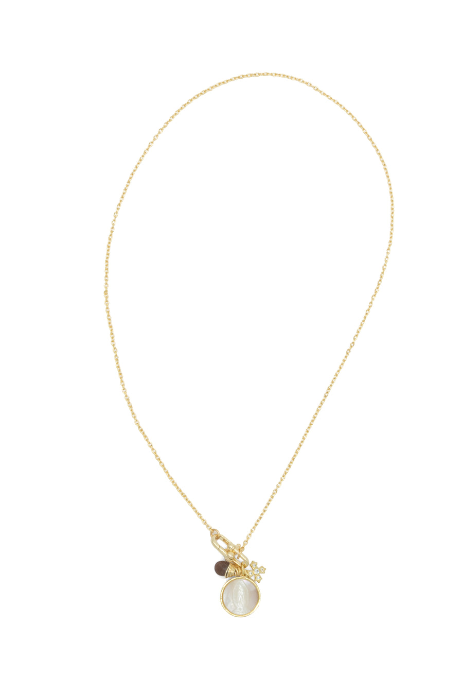 Collar de Virgen de Guadalupe madre perla con charms