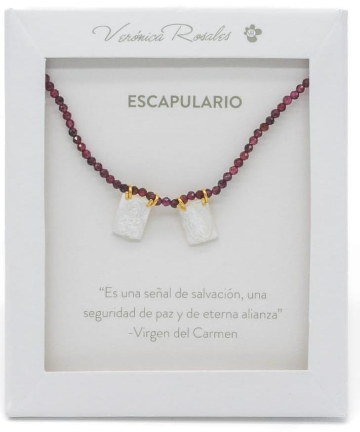 COLLAR DE GRANATE CON ESCAPULARIO DE MADRE PERLA